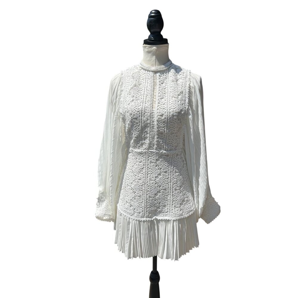 White Chiffon Crochet Mini Dress Sz M Exaggerated Balloon Sleeve Pleated Whimsy